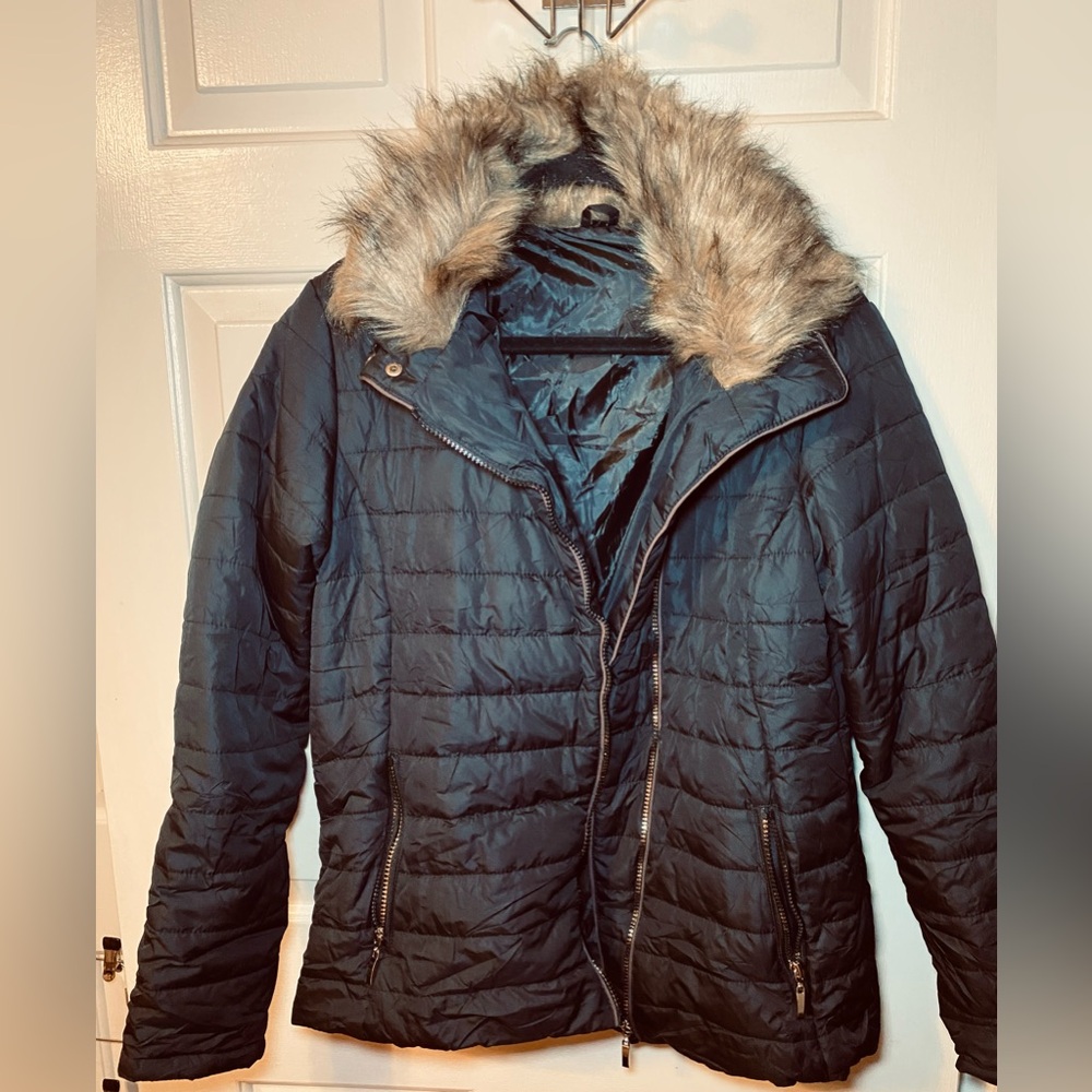 Womens Quilted Jacket Faux Fur Collar Coat Puffer Jacket Black Large‎